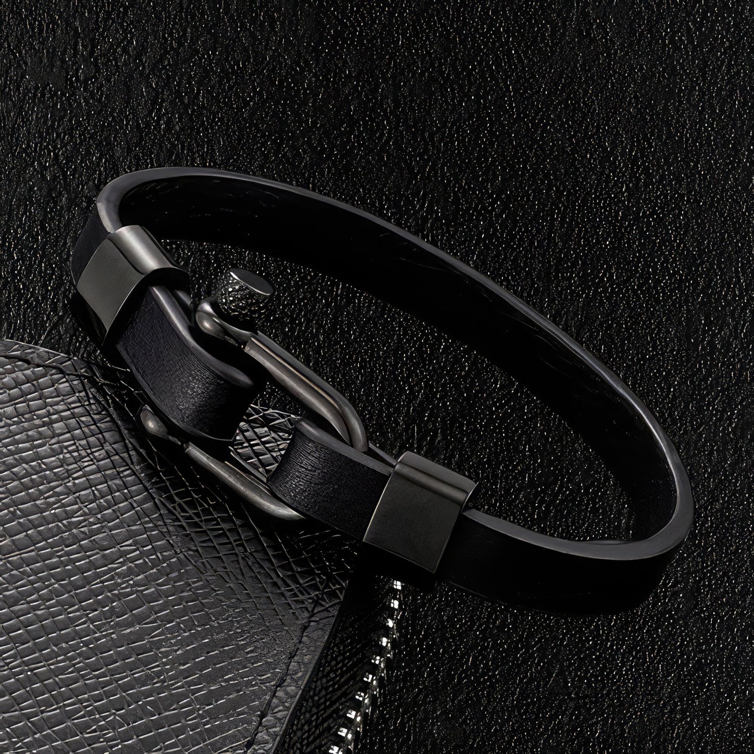 Black Leather U Clasp Men's Bracelet