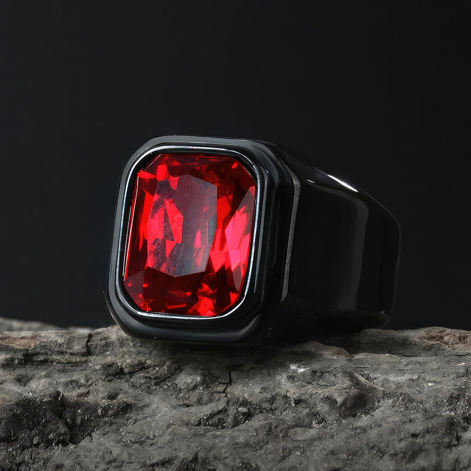 Large Red Crystal Black Signet Ring