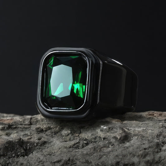 Large Green Crystal Black Signet Ring