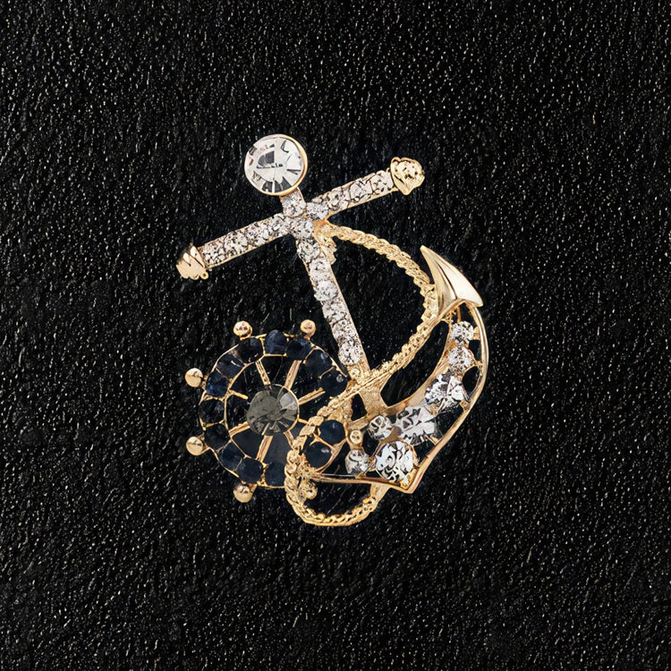 Men's Anchor & Rudder Wheel Brooch - Clear Crystal