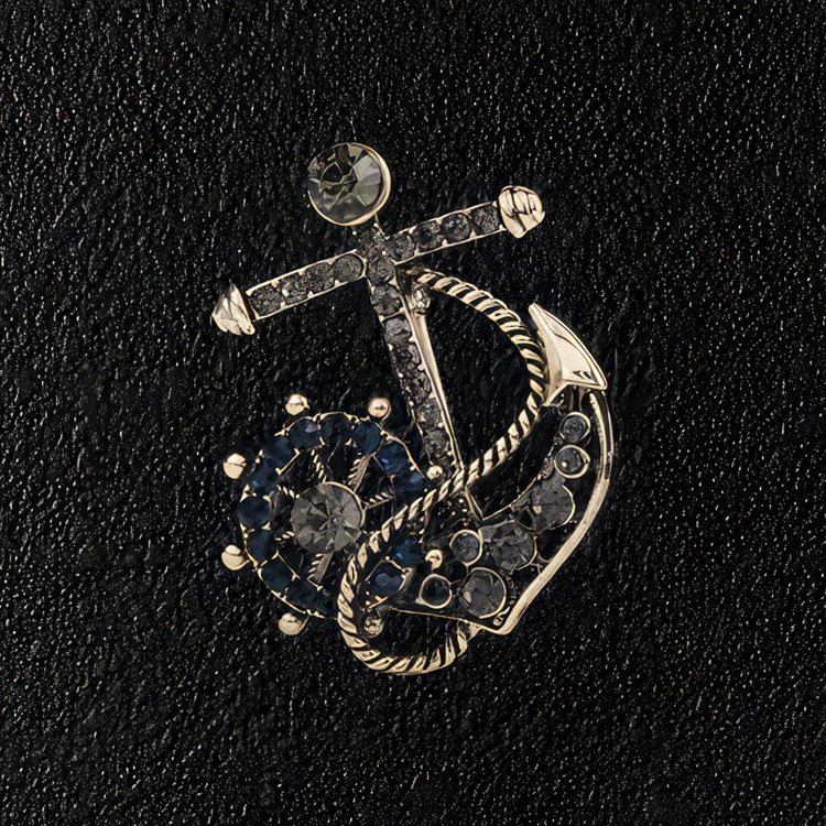 Men's Anchor & Rudder Wheel Brooch - Black Crystal