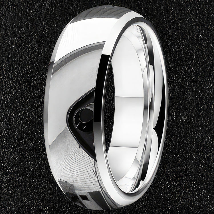 Chamfered Edge Silver Tungsten Ring