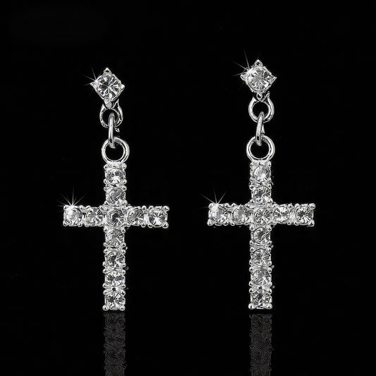 Men's Silver Steel Crystal Cross Earrings