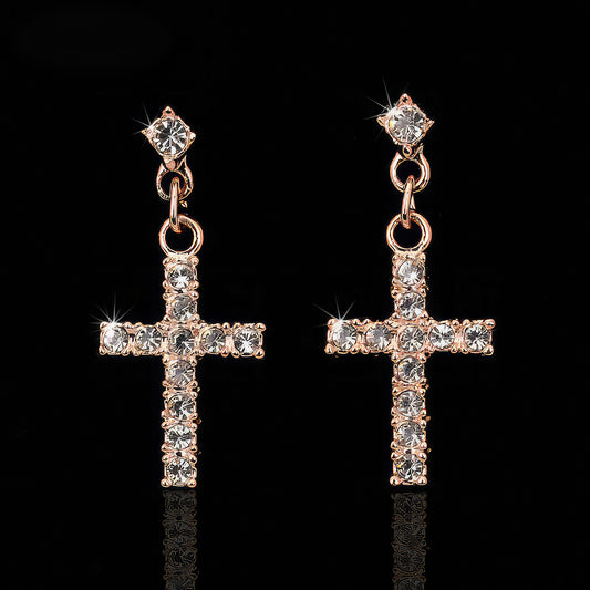Men's Gold Steel Crystal Cross Earrings