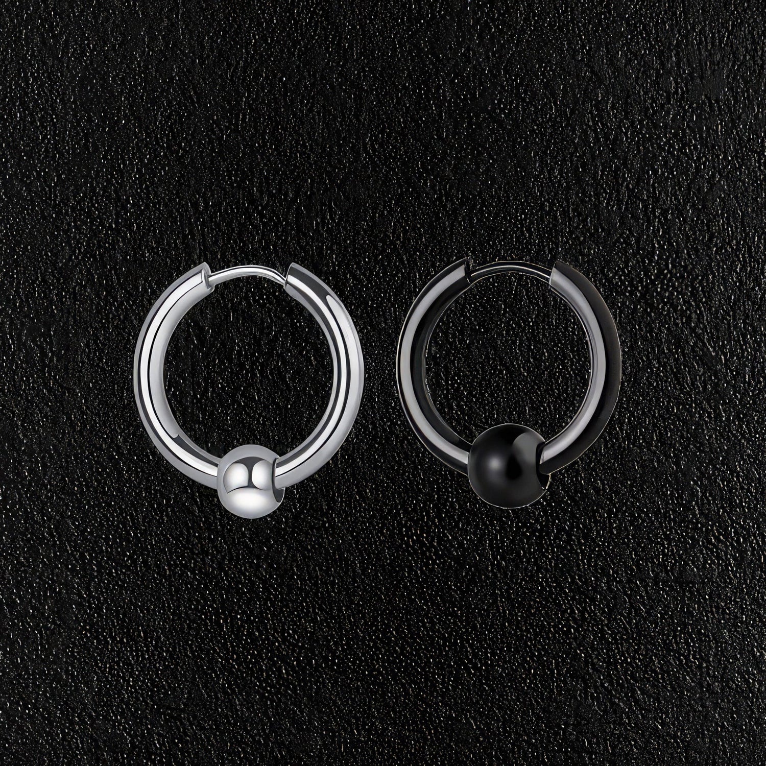 Silver & Black  Stainless Steel Hoop & Ball Earrings