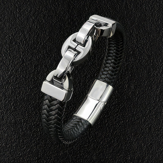Black Leather & Steel Link Bracelet