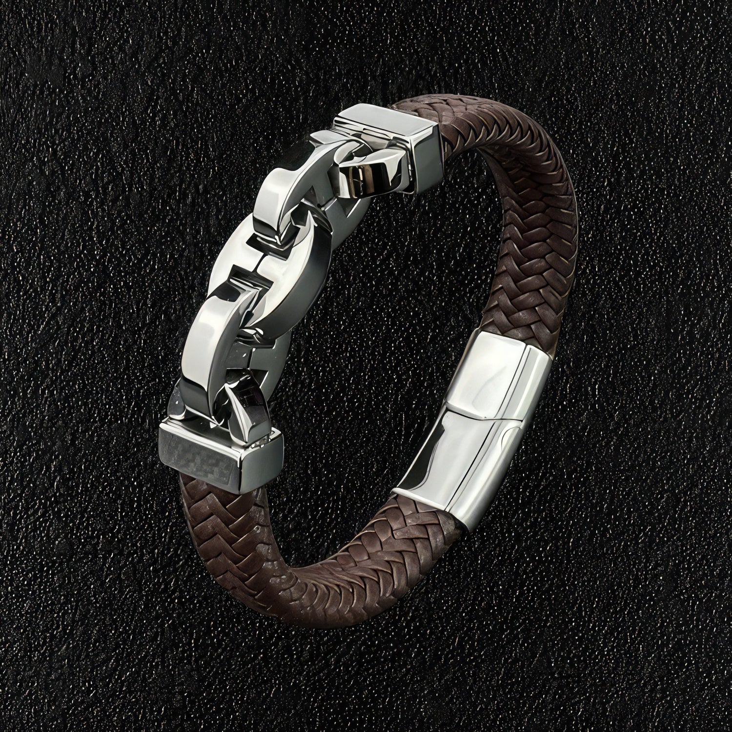 Brown Leather & Steel Link Bracelet