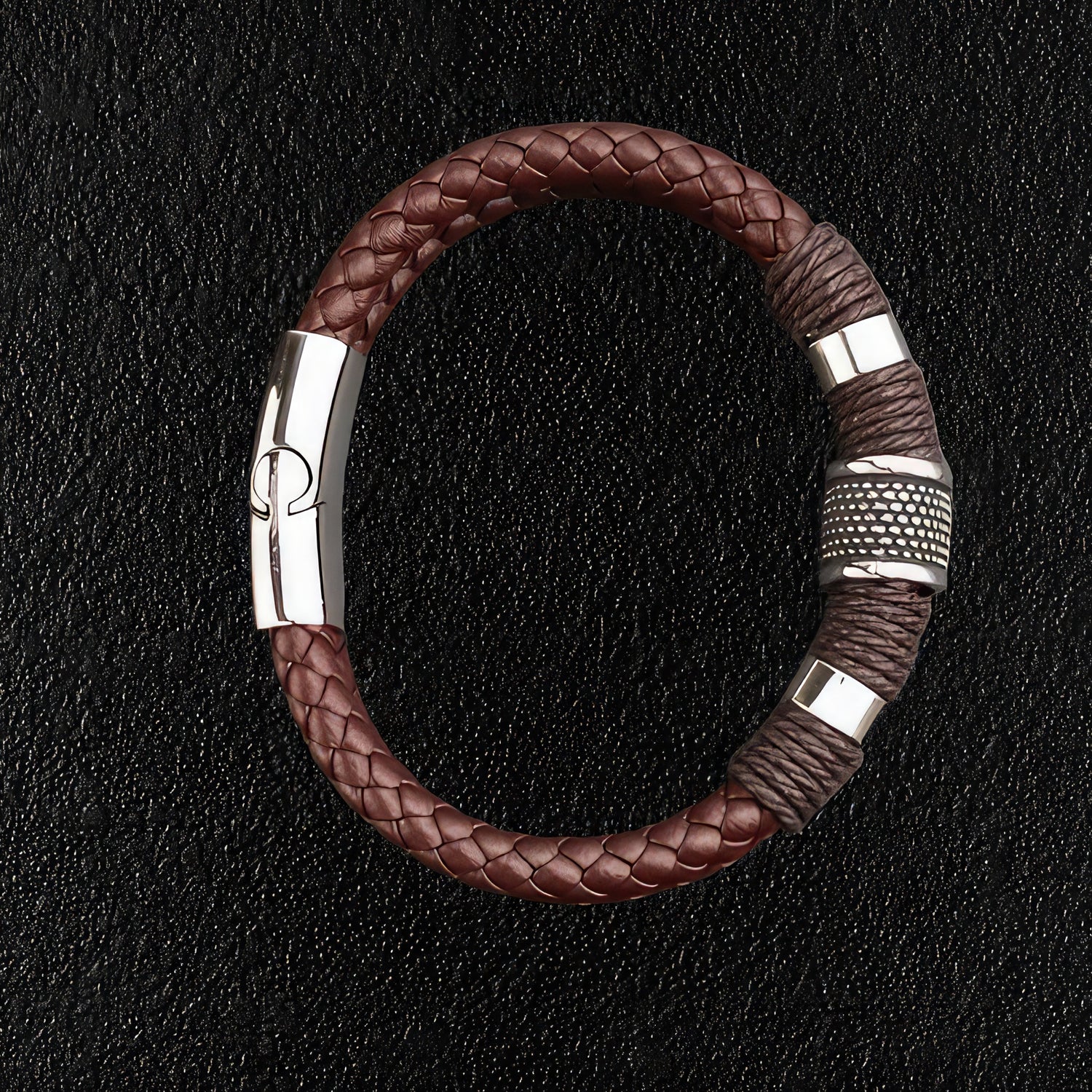 Man's Steel Banded Leather Bracelet