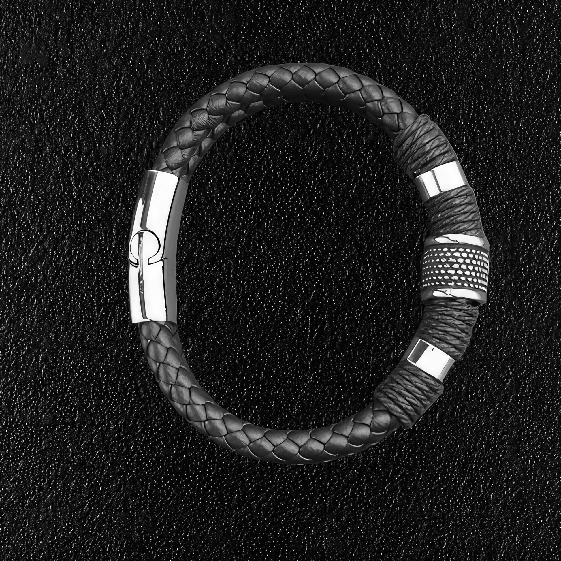 Steel Banded Leather Braclet