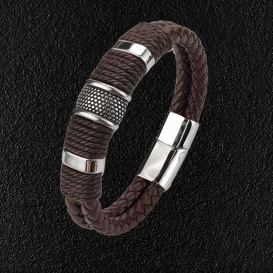 Steel Banded Brown Leather Bracelet