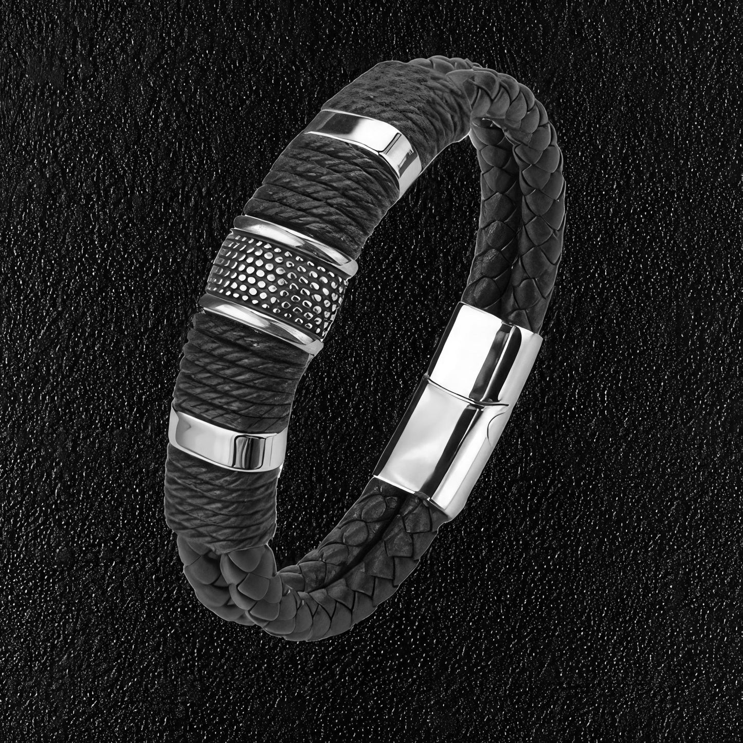 Steel Banded Black  Leather Bracelet