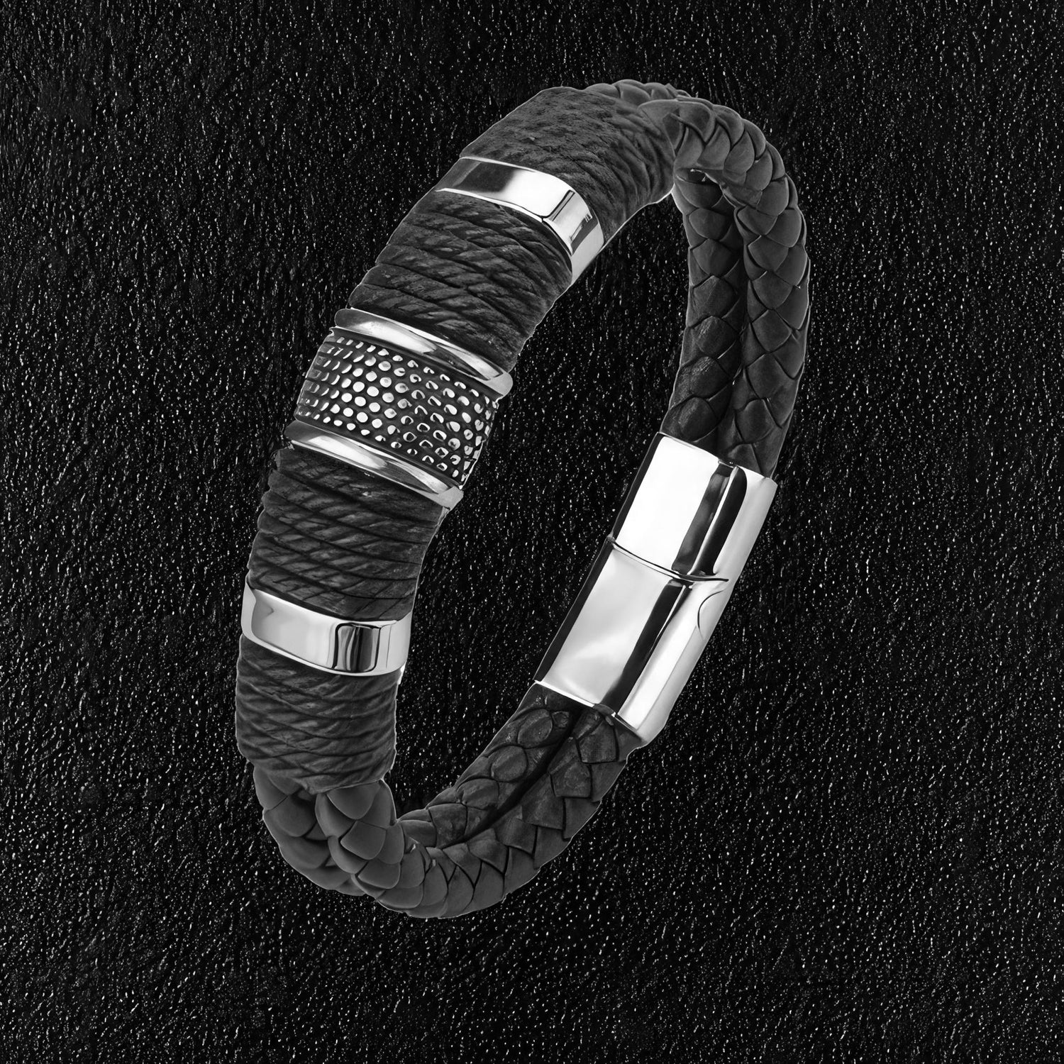 Steel Banded Black  Leather Bracelet