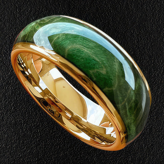 Gold Tungsten Green Elder Wood Ring