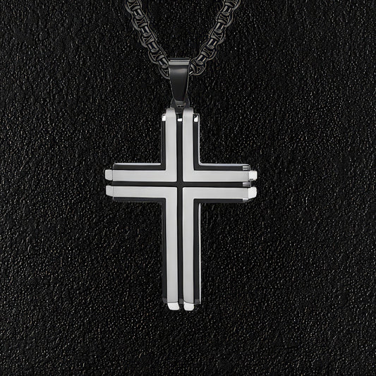 Modern Style Silver & Black Cross & Necklace