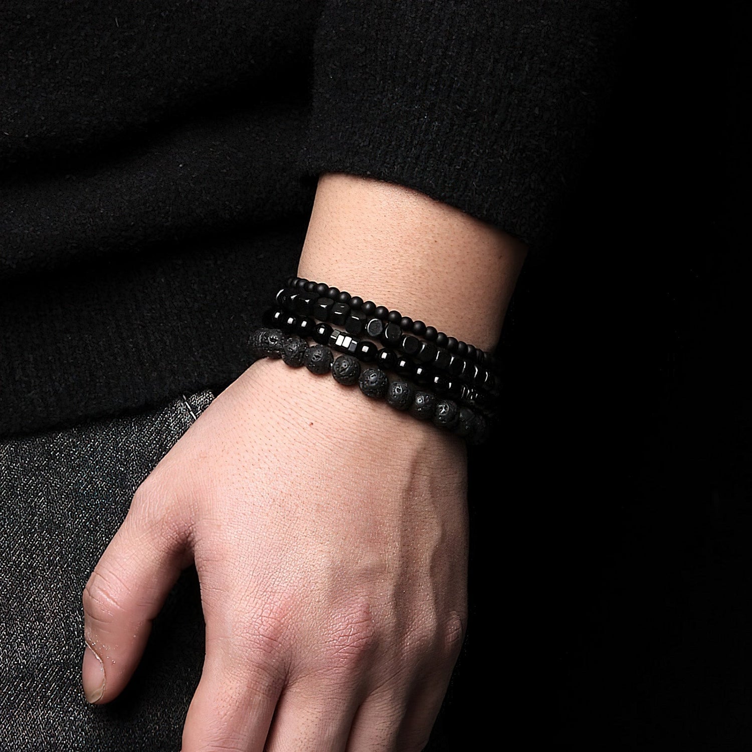 Black Onyx & lava stone layered bracelet