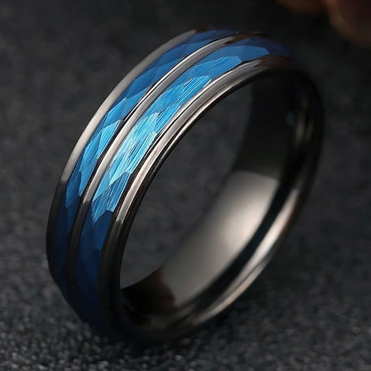 Cool blue tungsten rhombus cut ring.