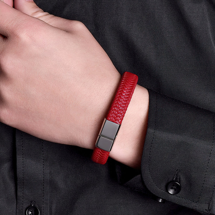 Men's Braided Red Leather Wristband