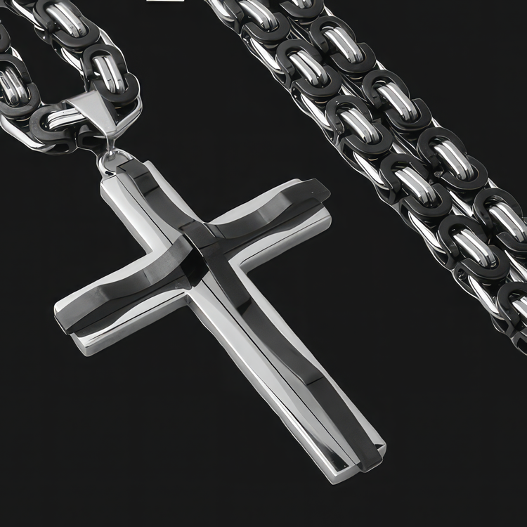 Black & Silver Crucifix & Byzantine Necklace