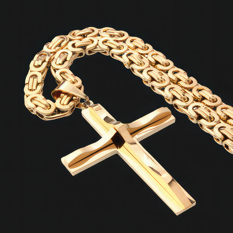 Gold Stainless Steel Crucifix & Byzantine Necklace