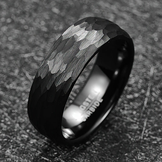 Hammered and brushed finish tungsten ring for men
