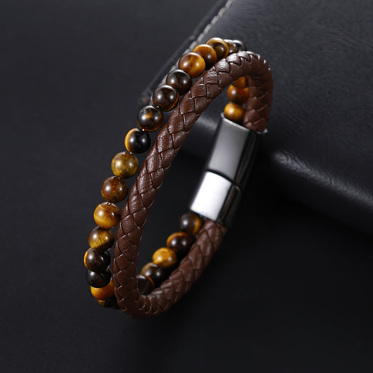 Men's Leather & Tiger's Eye Wristband