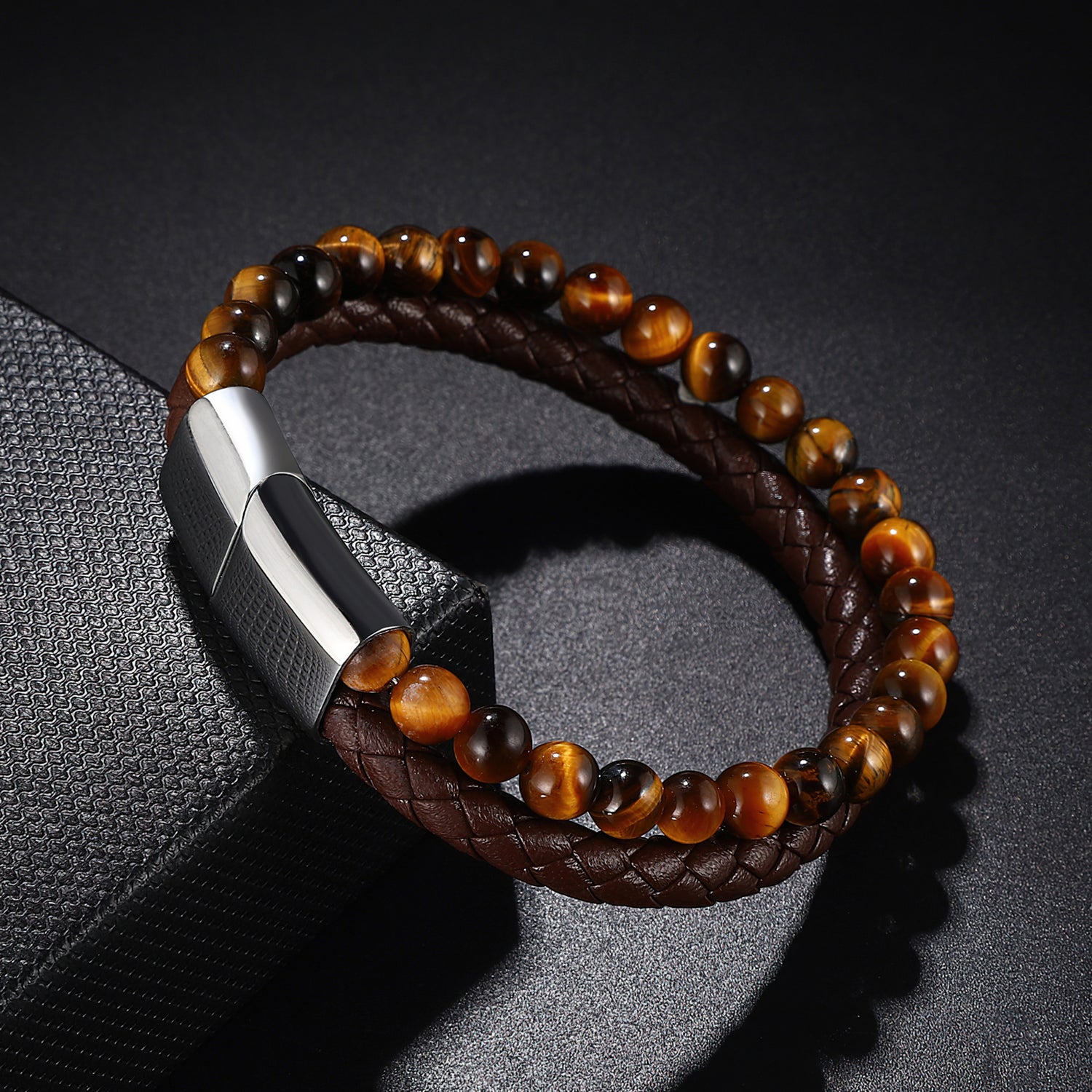 Men's Leather & Tiger's Eye Bracelet