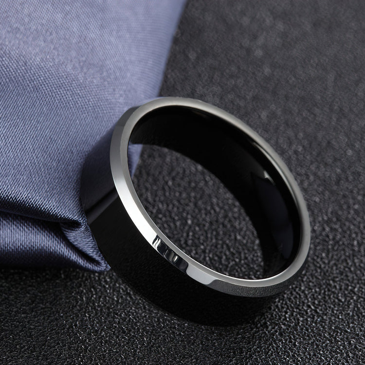 Shiny Black Tungsten Carbide Silver Edged Ring