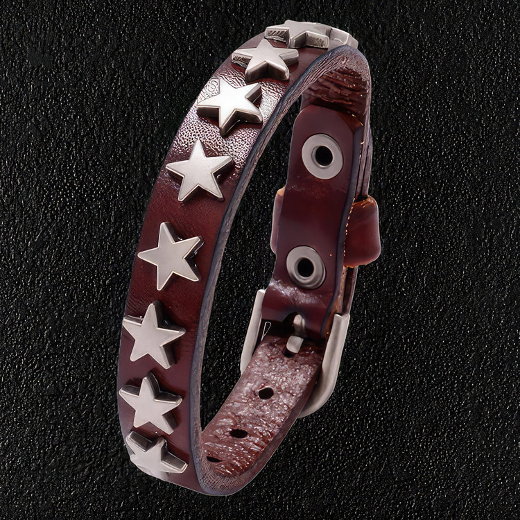 Star Studded Brown Cowhide Wristband