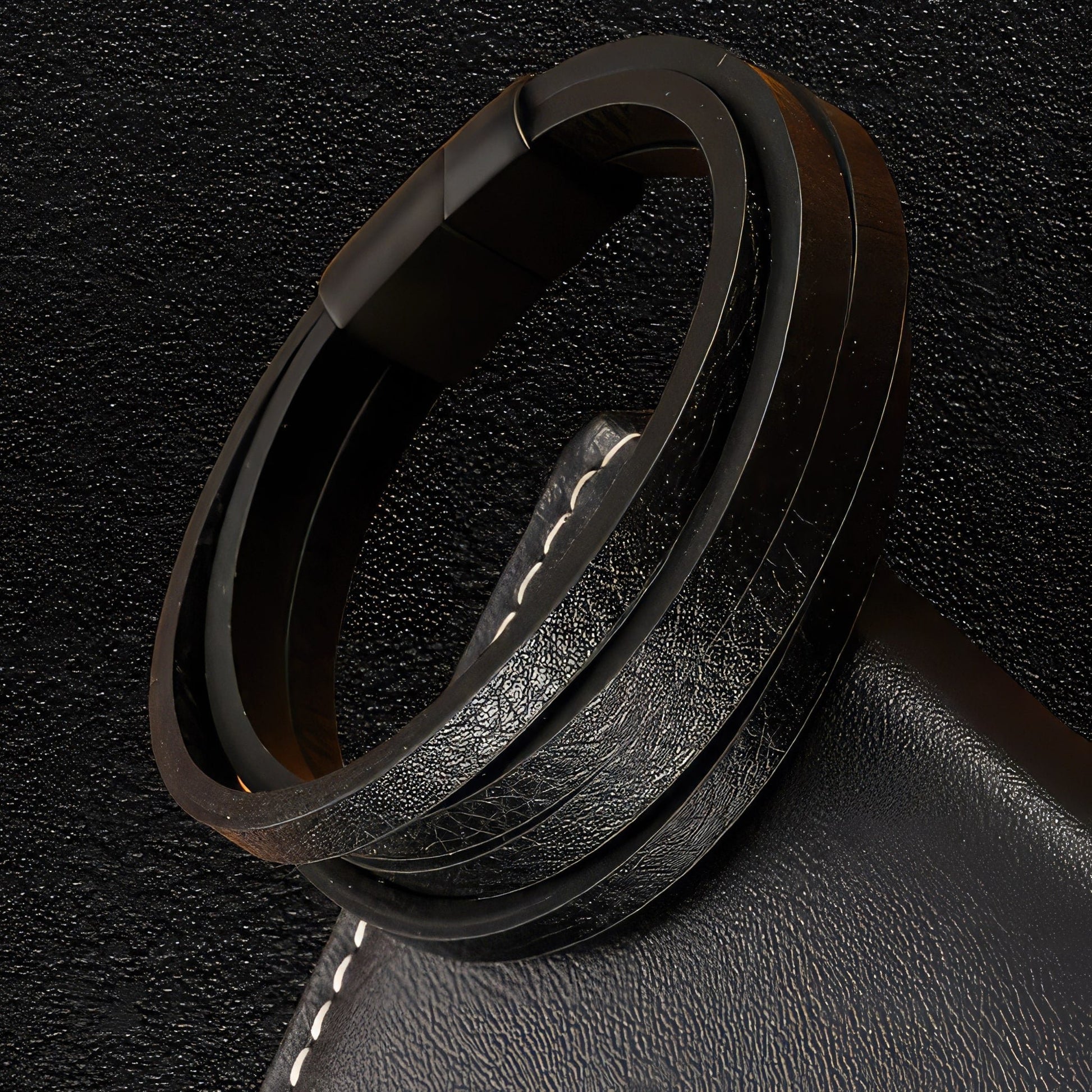 Thick Stranded Black Leather Bracelet