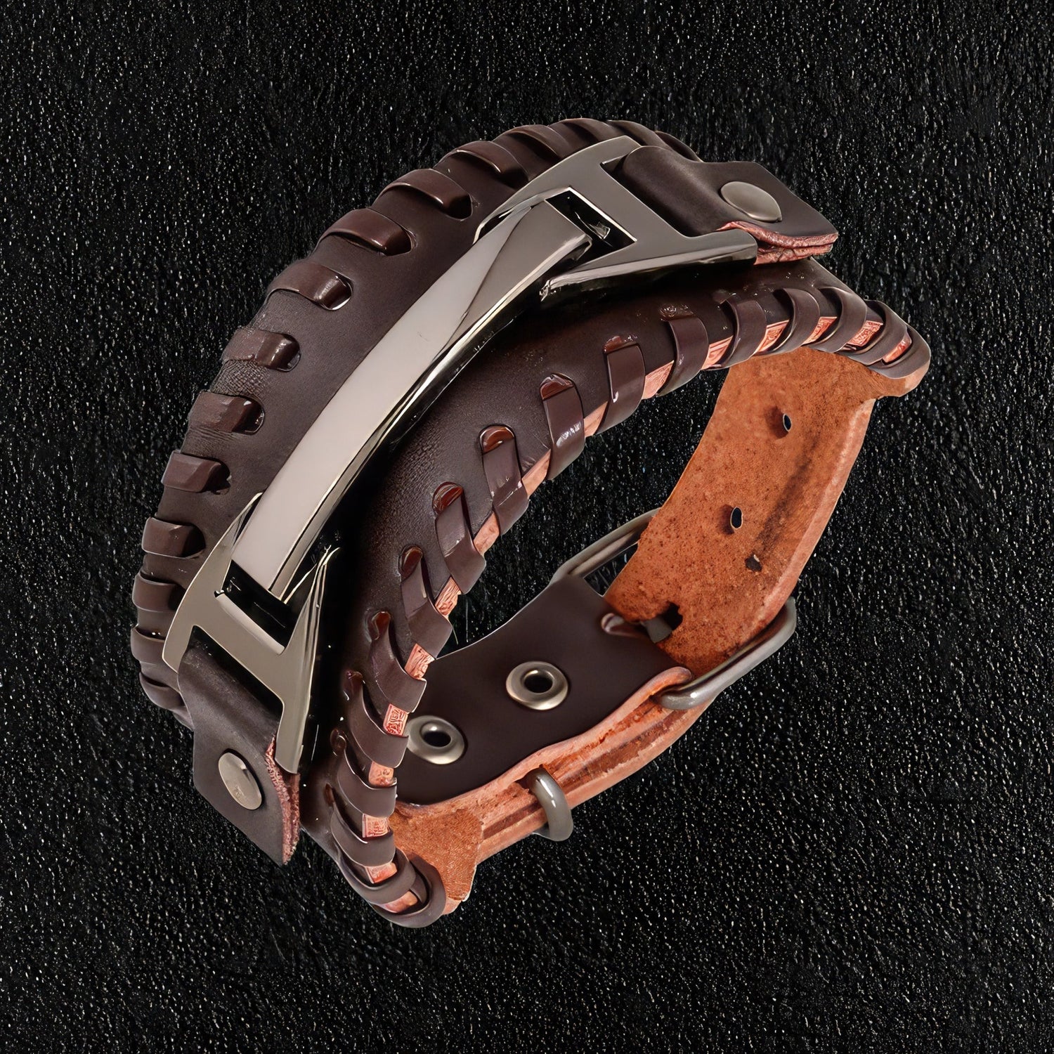 Wide Leather & Steel Wristband