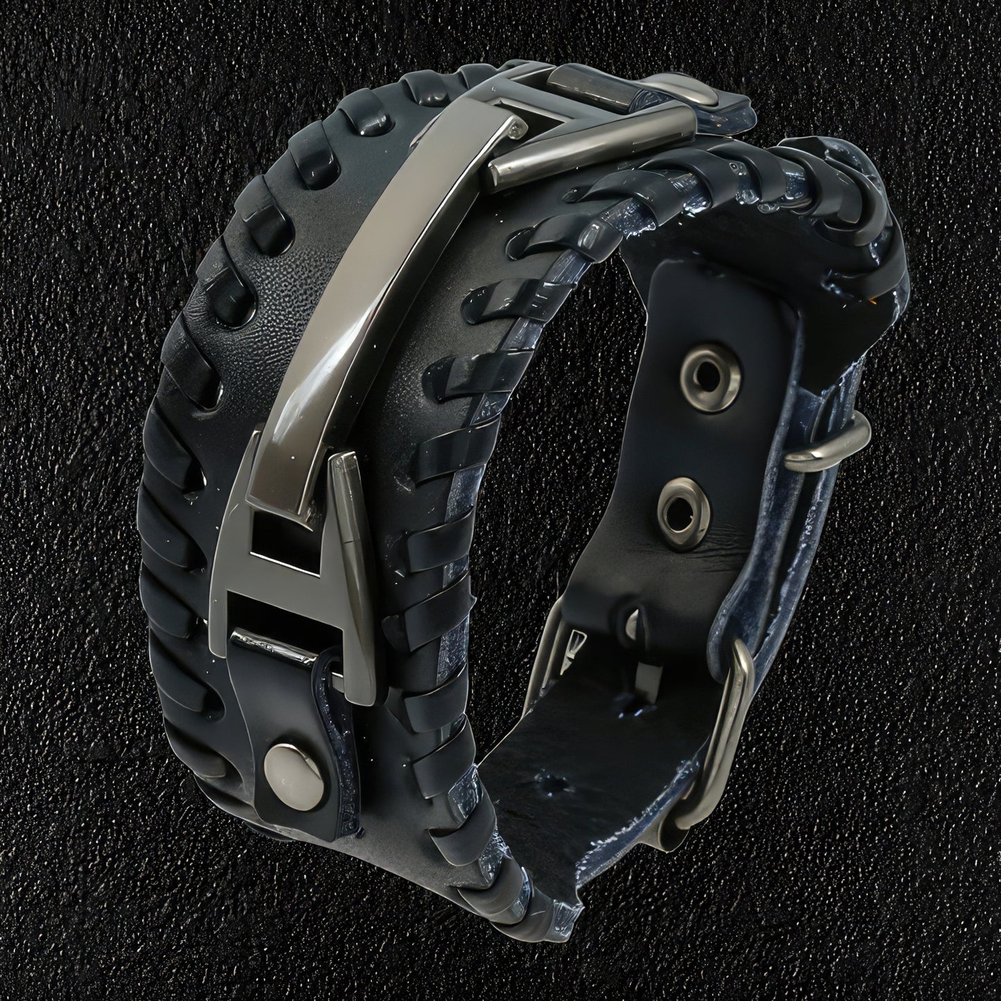 Wide Black Leather & Steel Wristband