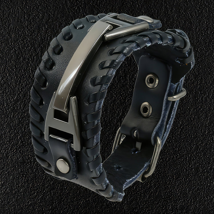 Wide Black Leather & Steel Wristband