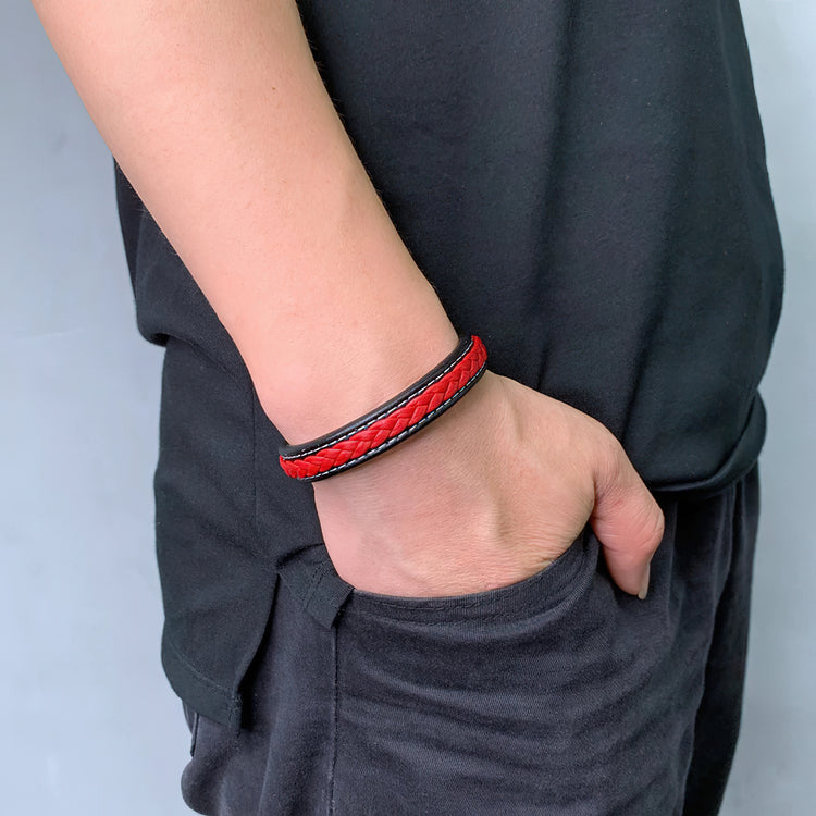 Lad's Woven Red Leather Bracelet