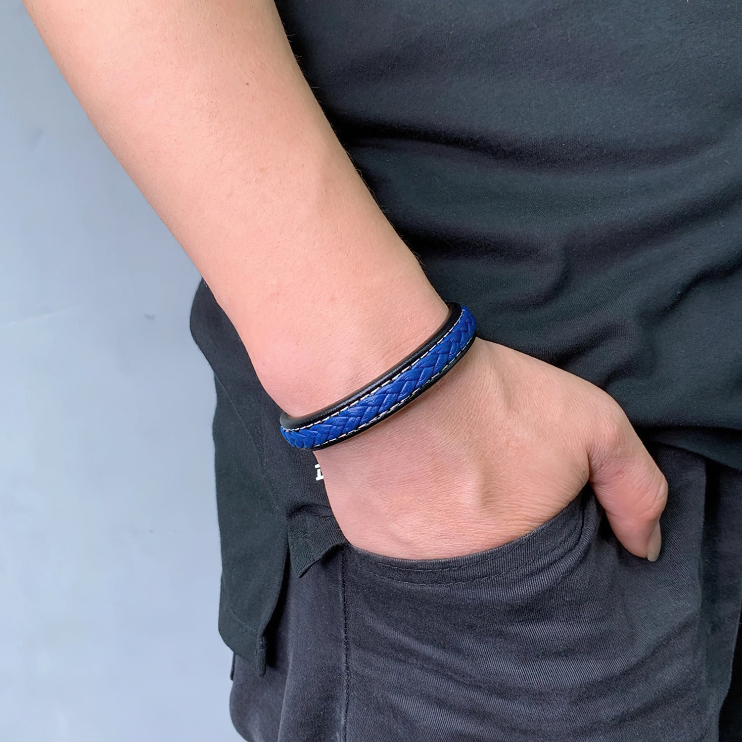 Lad's Woven Blue Leather Bracelet